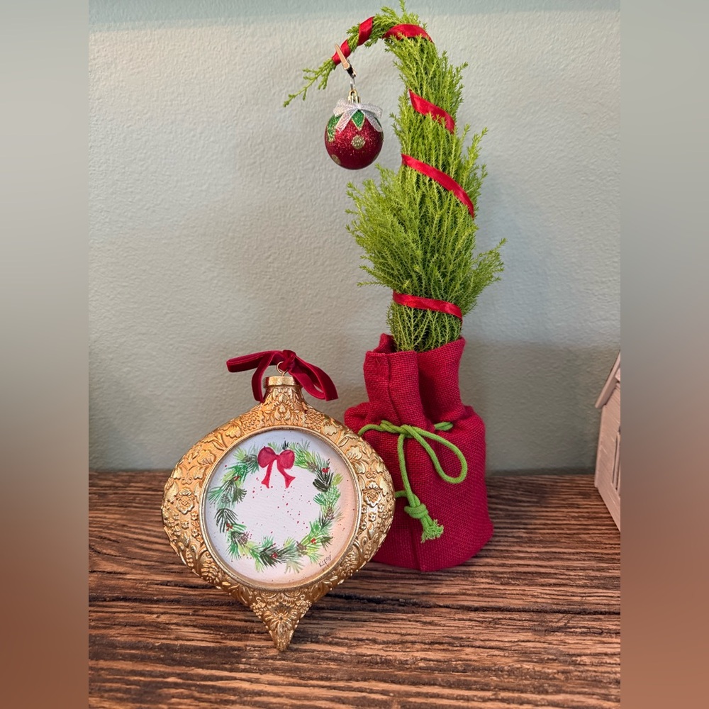 Festive Original watercolor in 4x4 gold ornament frame